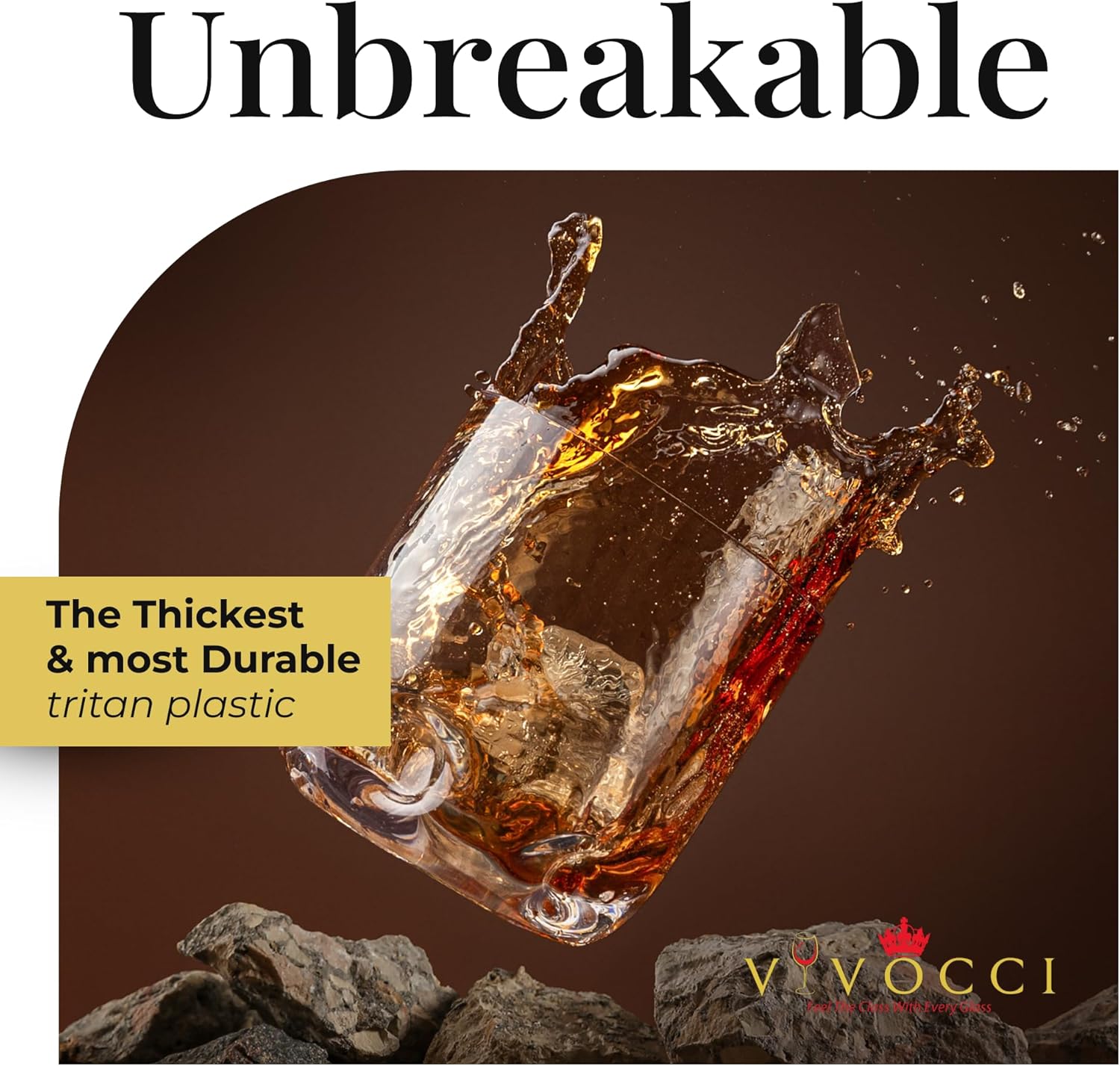 Vivocci Unbreakable Tritan Plastic 12.5 oz Whiskey & Double Old Fashioned Bar Glasses - Thumb Indent Heavy Base - Ideal for Bourbon & Scotch - Upscale Men's Gift - Dishwasher Safe Barware - Set of 6 - Image 2