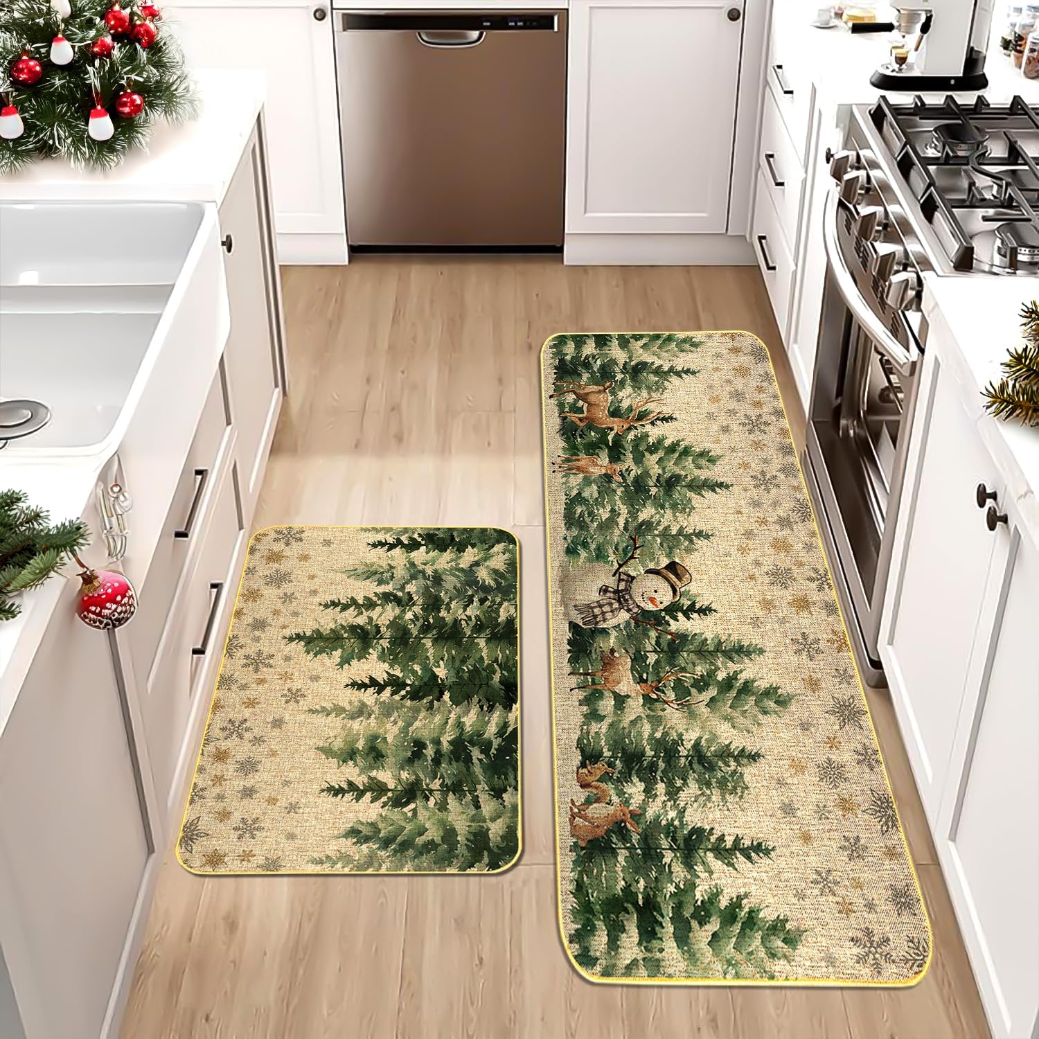 Snowman Kitchen Rugs Sets of 2, Christmas Tree Kitchen Mats, Snowflake Floor Mat, Christmas Deer Rugs Winter Holiday Decor, Reindeer Low-Profile Runner Rugs for Home Party , 17x29 and 17x47 Inch