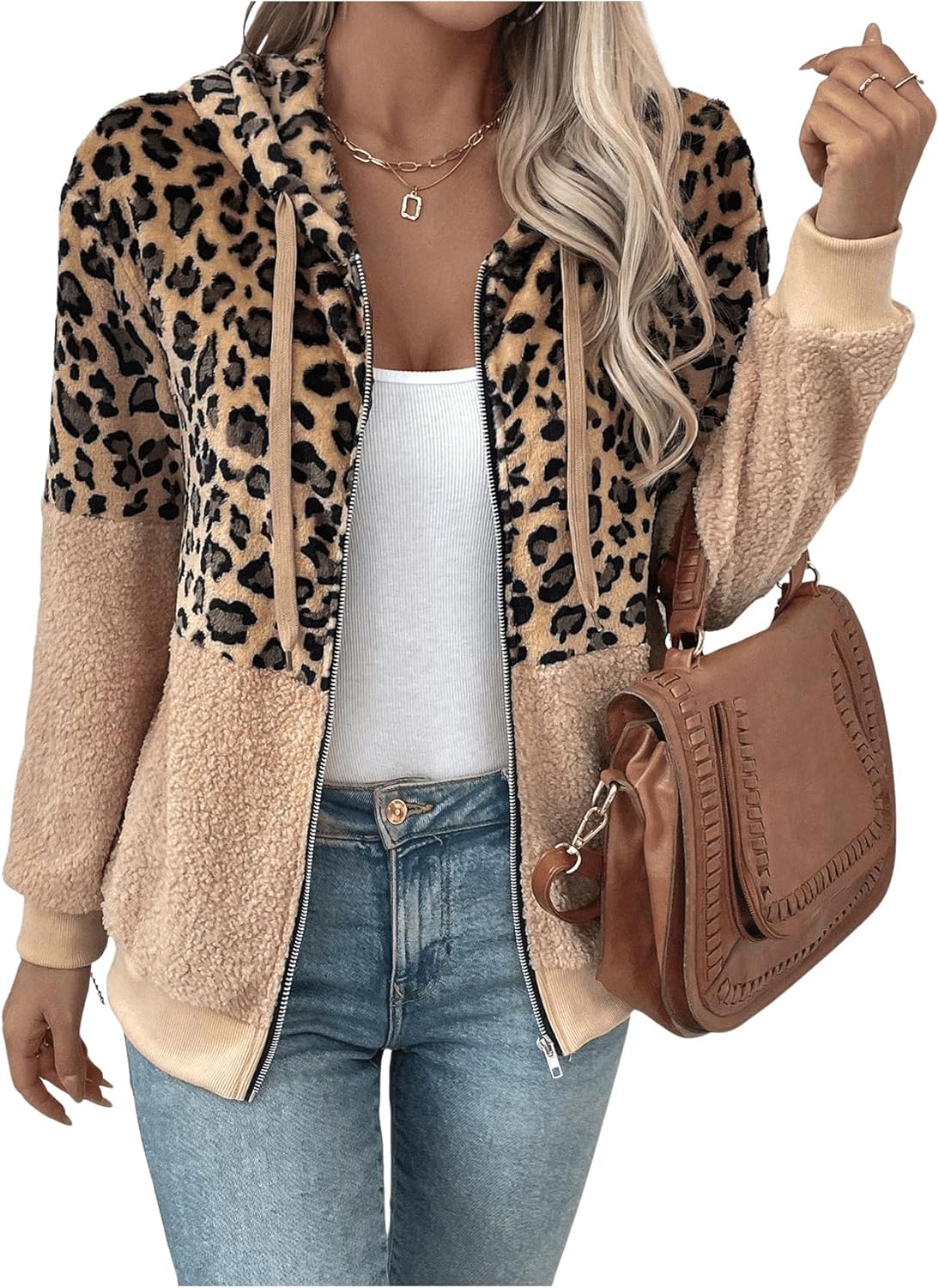 SweatyRocks Women’s Leopard Print Fleece Hoodies Fuzzy Zip Up Drawstring Hooded Sweatshirt Coat