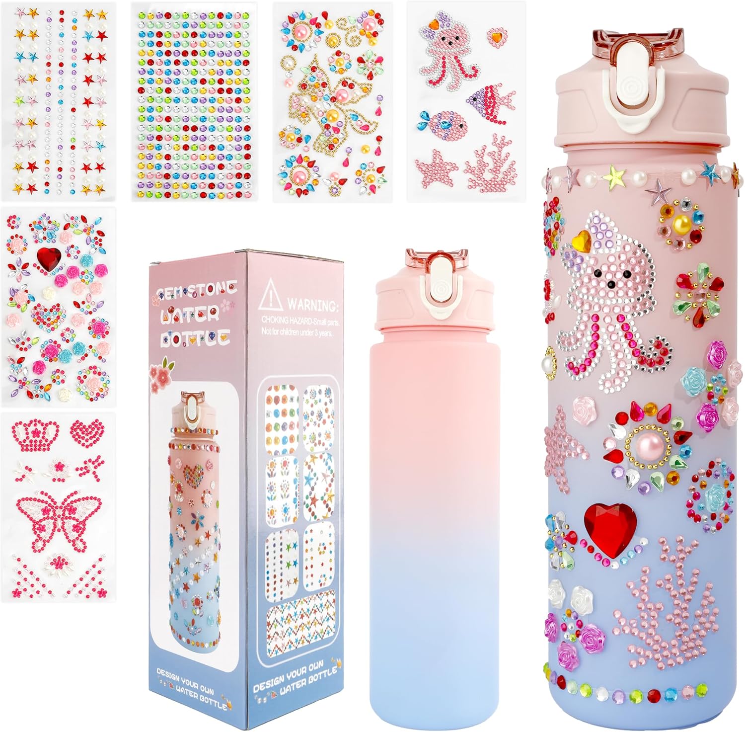 Decorate Your Own Water Bottle Kits for Girls 4-12, Girls Water Bottle Gem Stickers DIY Arts and Crafts Kits Supplies 7 8 9 10 Year Old Girl Birthday Easter Gifts for Girl Easter Basket Stuffers Pink