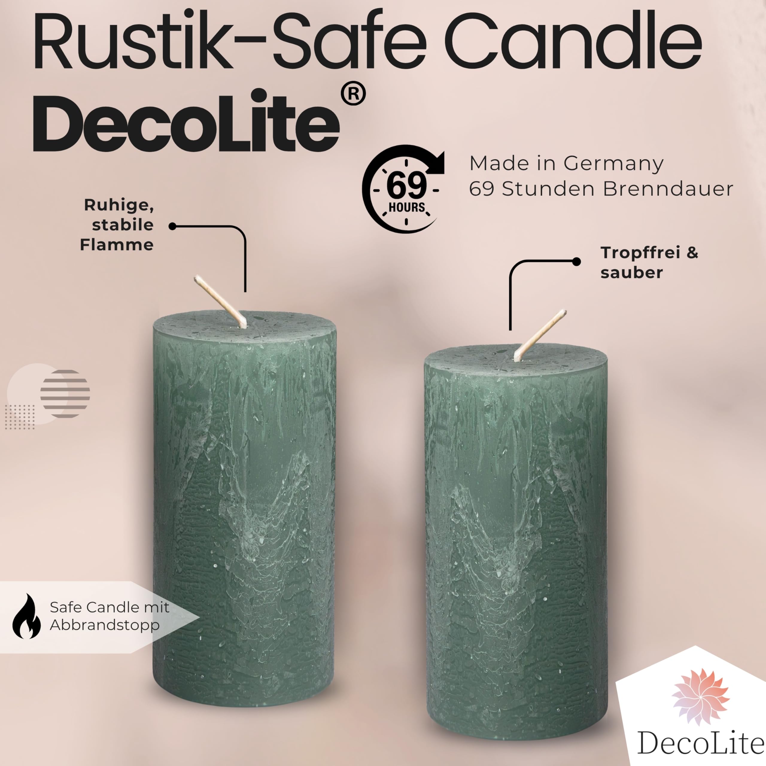Juego de 4 velas rústicas, 140 x 70 mm, autoextinguibles, con certificado RAL, duración de combustión aprox. 69 h, fabricadas en Alemania, velas decorativas rústicas (salvia)