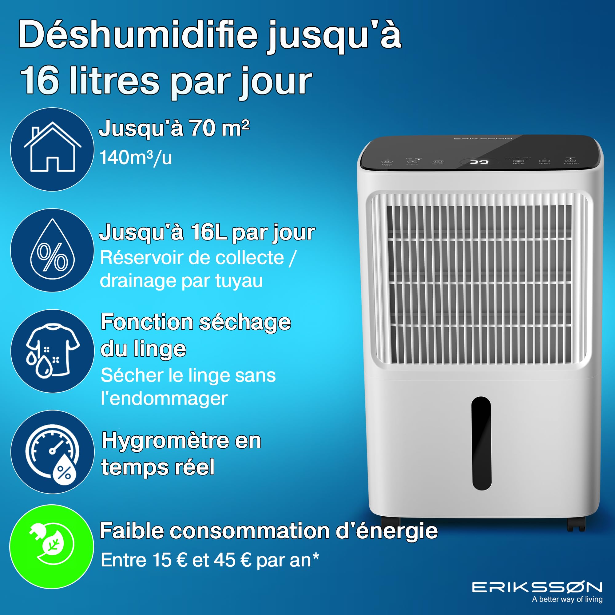 Déshumidificateur avec affichage LED, minuterie et sécurité enfant | Élimine 16 L d'humidité par 24 h | Pour une pièce d'environ 70 m² (140 m³) | écoénergétique avec capteur d'humidité