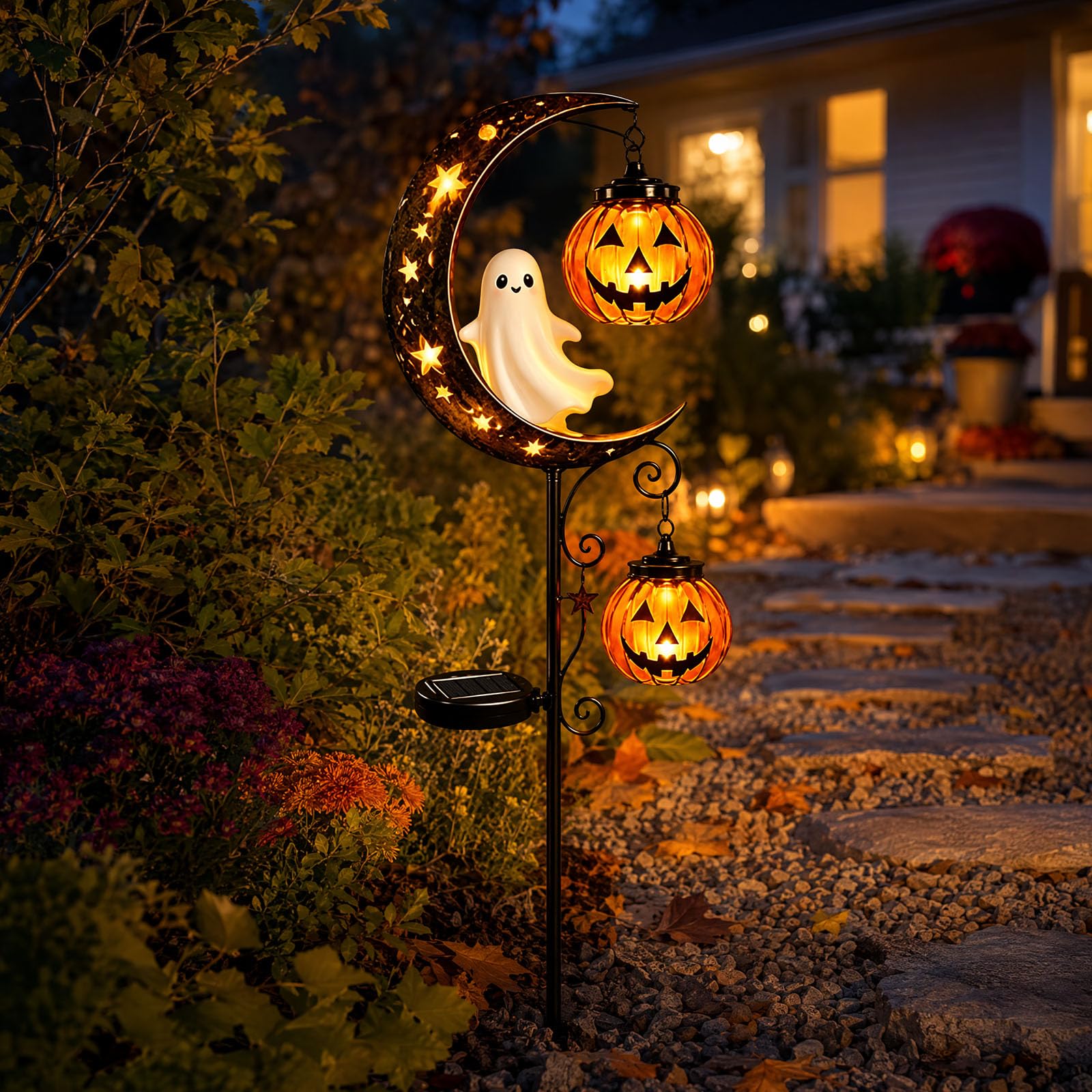 Solar Halloween White Ghost Pumpkin Moon Garden Stake Light