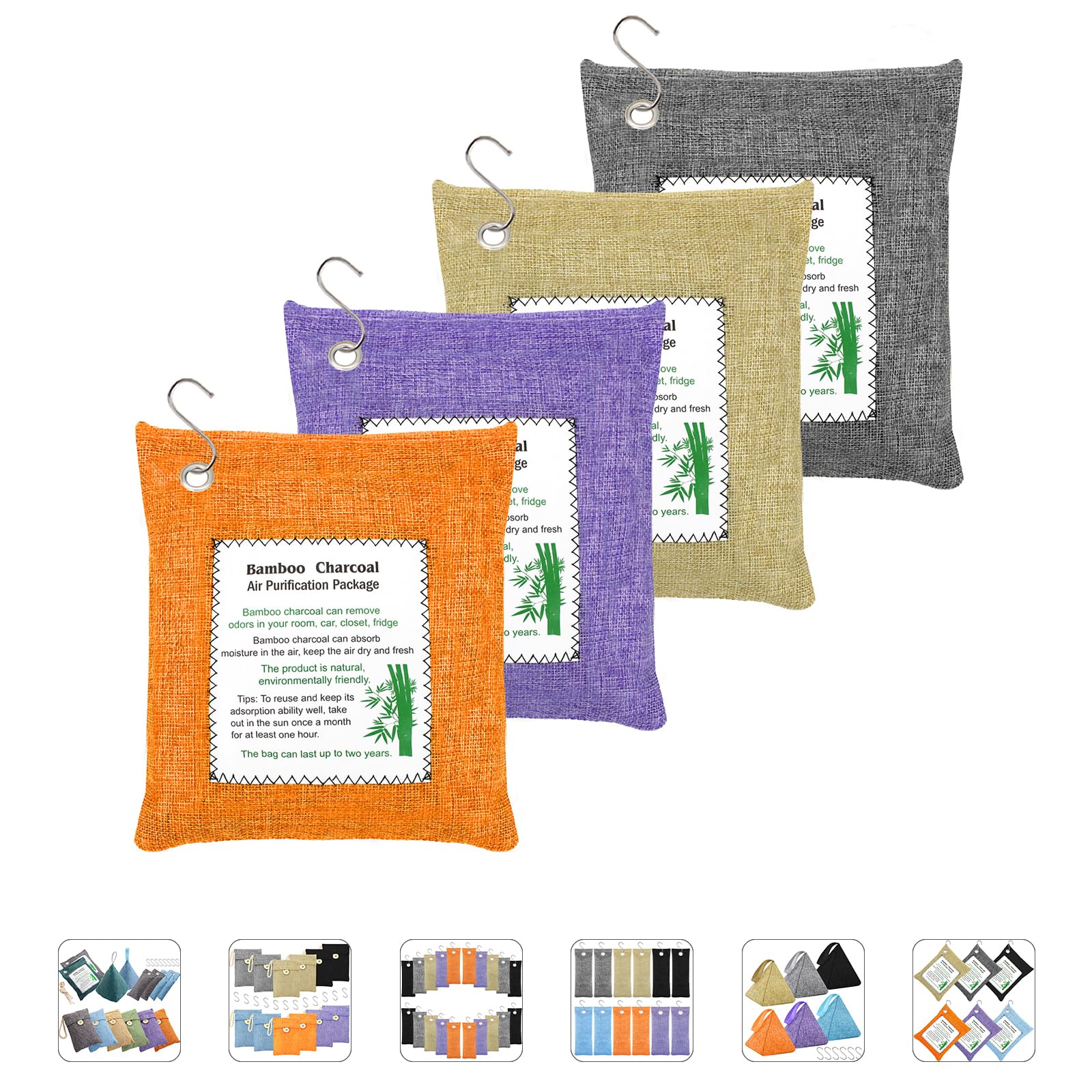 MYBMHTNBBamboo Charcoal Bags Odor Absorber 4 Pack×500g Bamboo Charcoal Air Purifying Bags, for Car Air Fresheners, Odor Eliminator for Home，Shoe Deodorizer - Colorful-Activated Charcoal Odor Absorbers