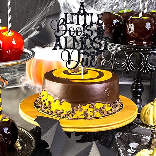 Miniatura 3 de Decoración negra con purpurina A Little Boo is Almost Due Cake Topper, Baby Boo Spooky con temática de Halloween, cumpleaños, revelación de género,
