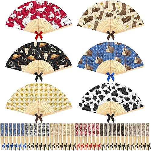Roowest 36 Pcs Western Folding Hand Fan Bulk Cowboy Cowgirl Handheld Folding Fans Wild West Paper Hand Collapsible Handheld for Wild West Cowboy Cowgirl Themed Party Favors