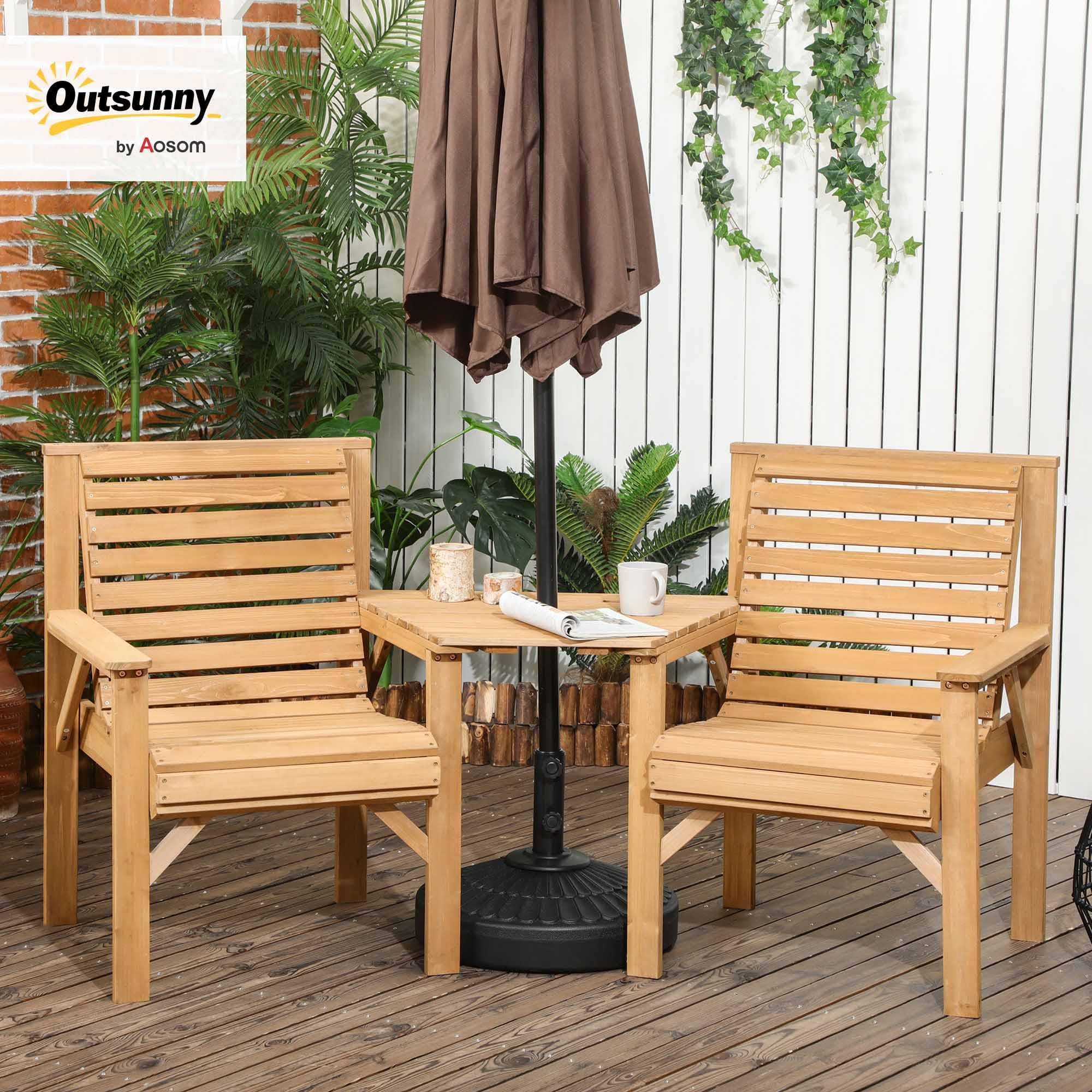 Outsunny Bistro-Set 3-teilig aus Holz Wetterfest Gartenmöbel Set mit Lamellendesign Sonnenschirmloch Gartenstühlen Outdoor Balkonmöbel Set Sitzgruppe Balkonset Gartengarnitur Braun