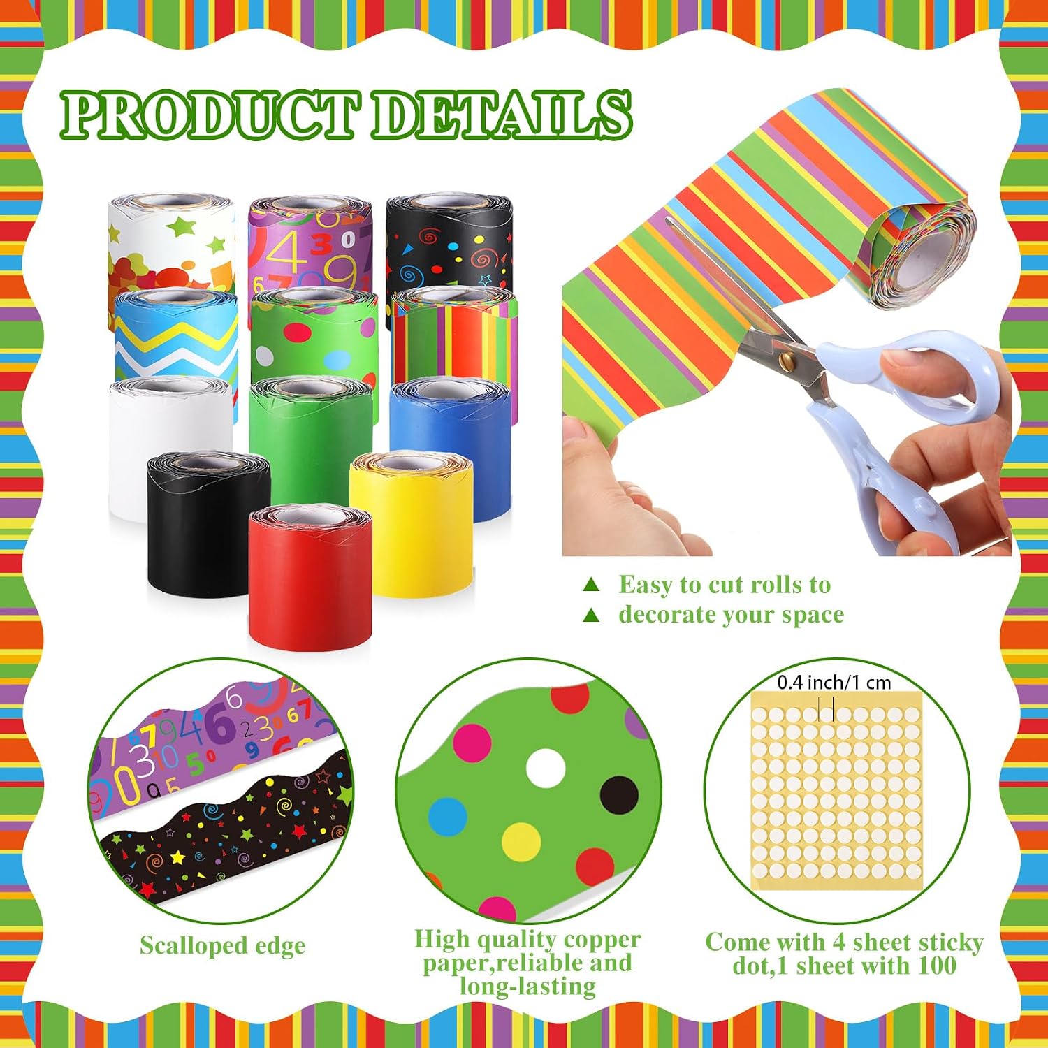 Qilery 12 Rolls 394 ft Borders for Bulletin Board Classroom Decoration, Geometric Math Combination Scalloped Bulletin Board Border for School Office Chalkboard Whiteboard Poster Decor