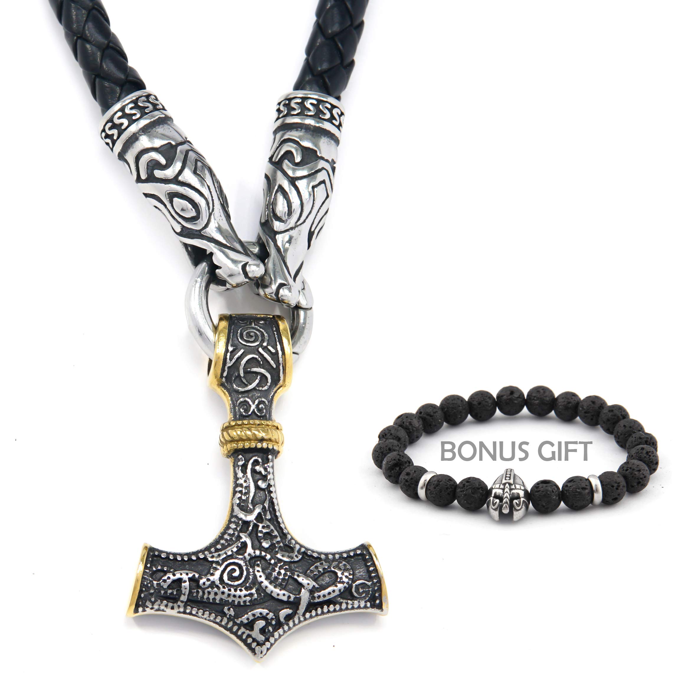 BAVIPOWERStainless Steel Thor Hammer Necklace Wolf Head Leather Chain Norse Scandinavian Vikings Jewelry for Men Women with Bonus Gift