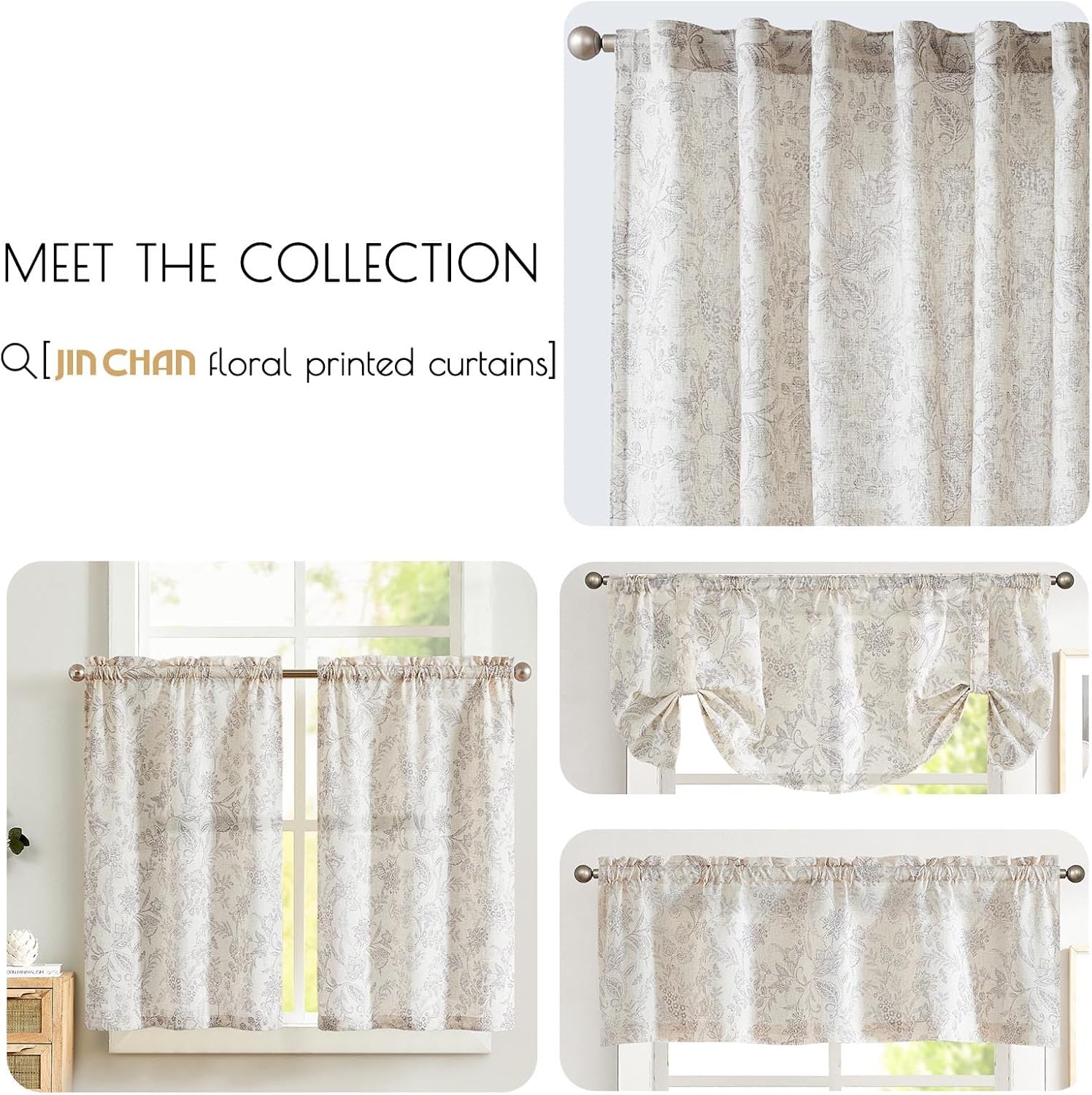 jinchan Floral Curtains Linen Curtains for Living Room Verbena Grey French Country Farmhouse Curtains 84 Inches Long Light Filtering Window Back Tab Semi Sheer Curtains 2 Panels Verbena Grey on Beige