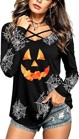 Halloween Shirts Women V Neck Criss-Cross Long Sleeve Holiday Top