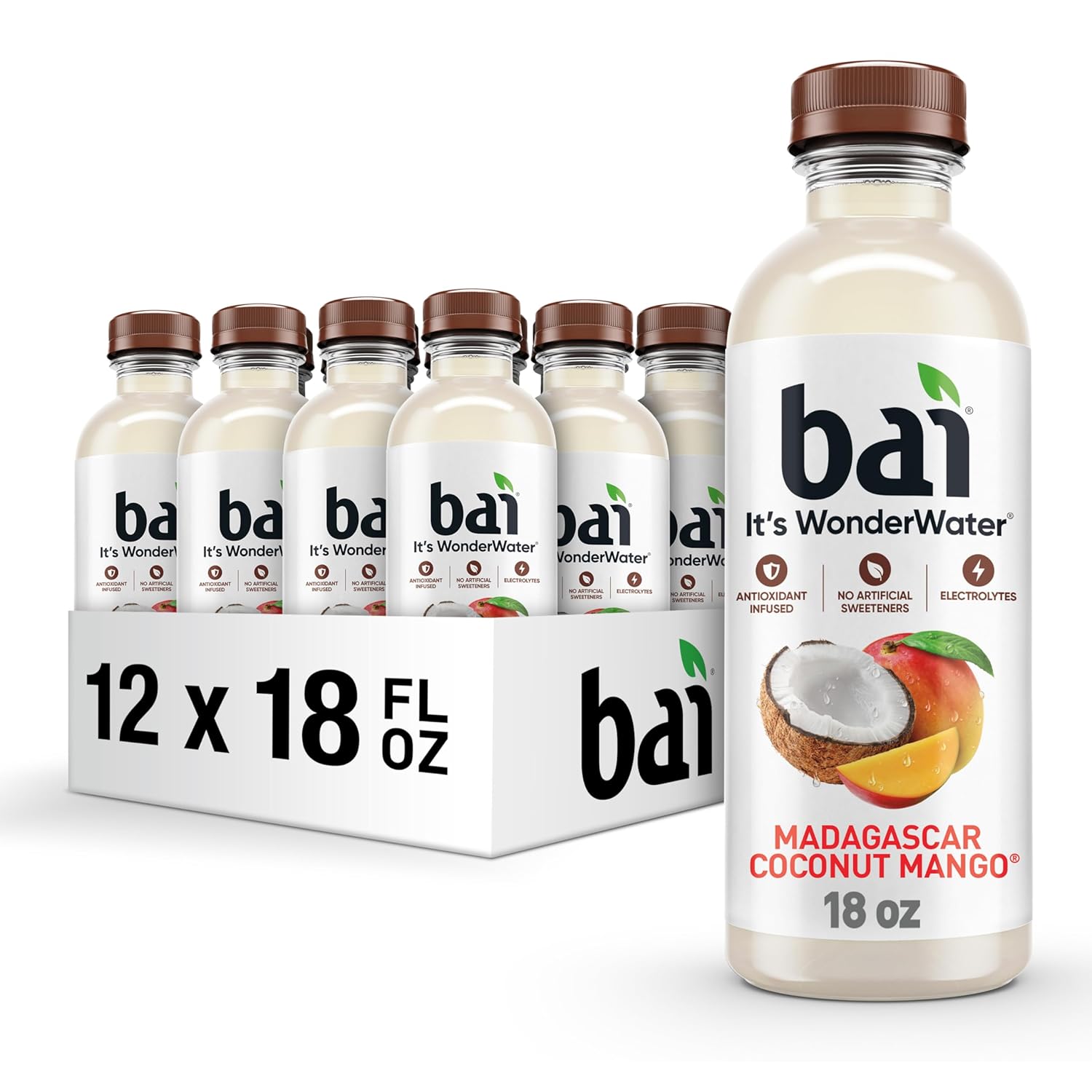Bai Antioxidant Infused Water Beverage, Madagascar Coconut Mango, with Vitamin C and No Artificial Sweeteners, 18 Fluid Ounce Bottle, 12 Pack Madagascar Coconut Mango 18 Fl Oz (Pack of 12) ENJOY BY: SEP 27 2025