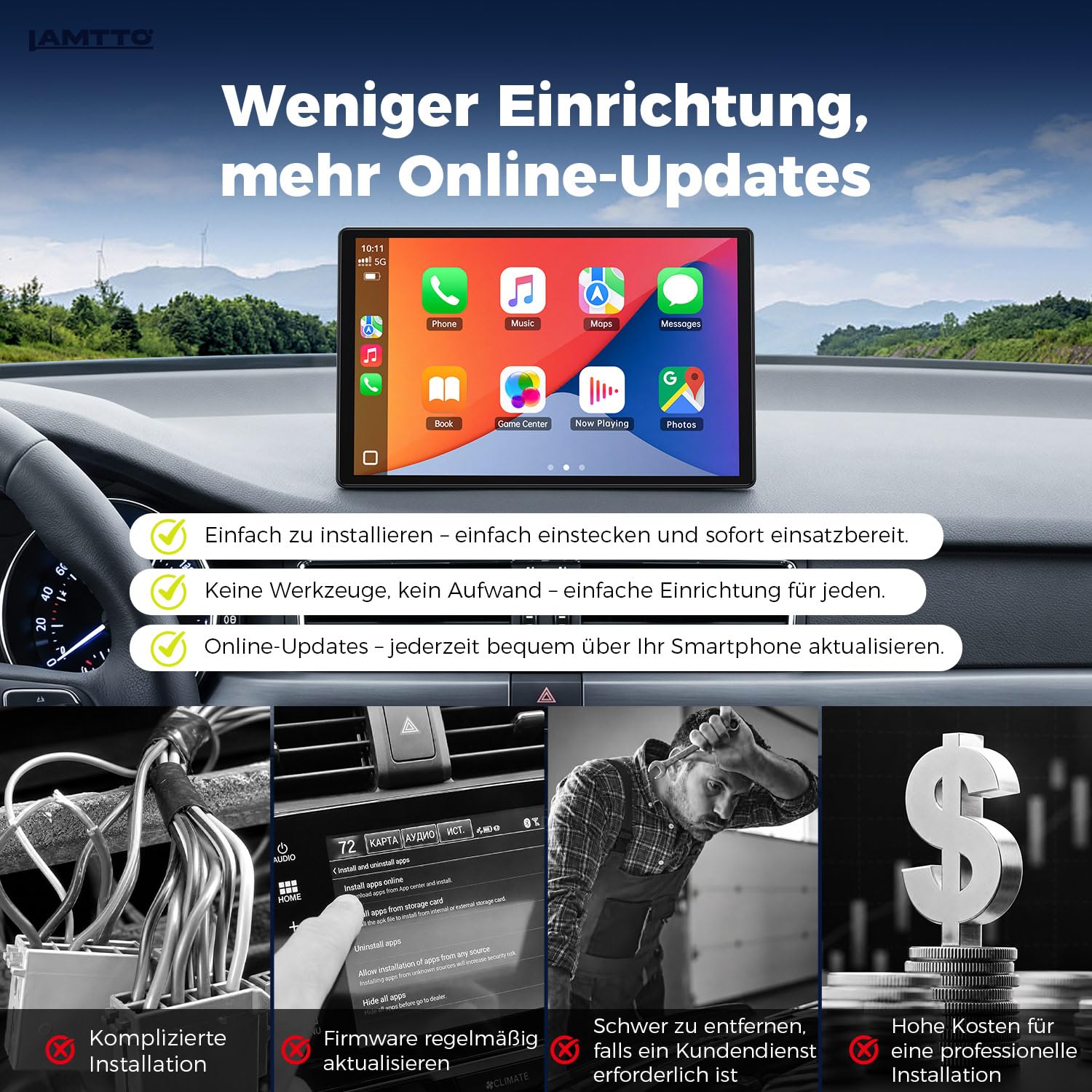 LAMTTO 2026 Upgrade 11 Zoll Wireless Carplay Display mit Apple CarPlay und Android Auto, Tragbares Car Play Touchscreen mit GPS Navigation, Bluetooth, AirPlay,AUX,Anschluss für alle Fahrzeuge