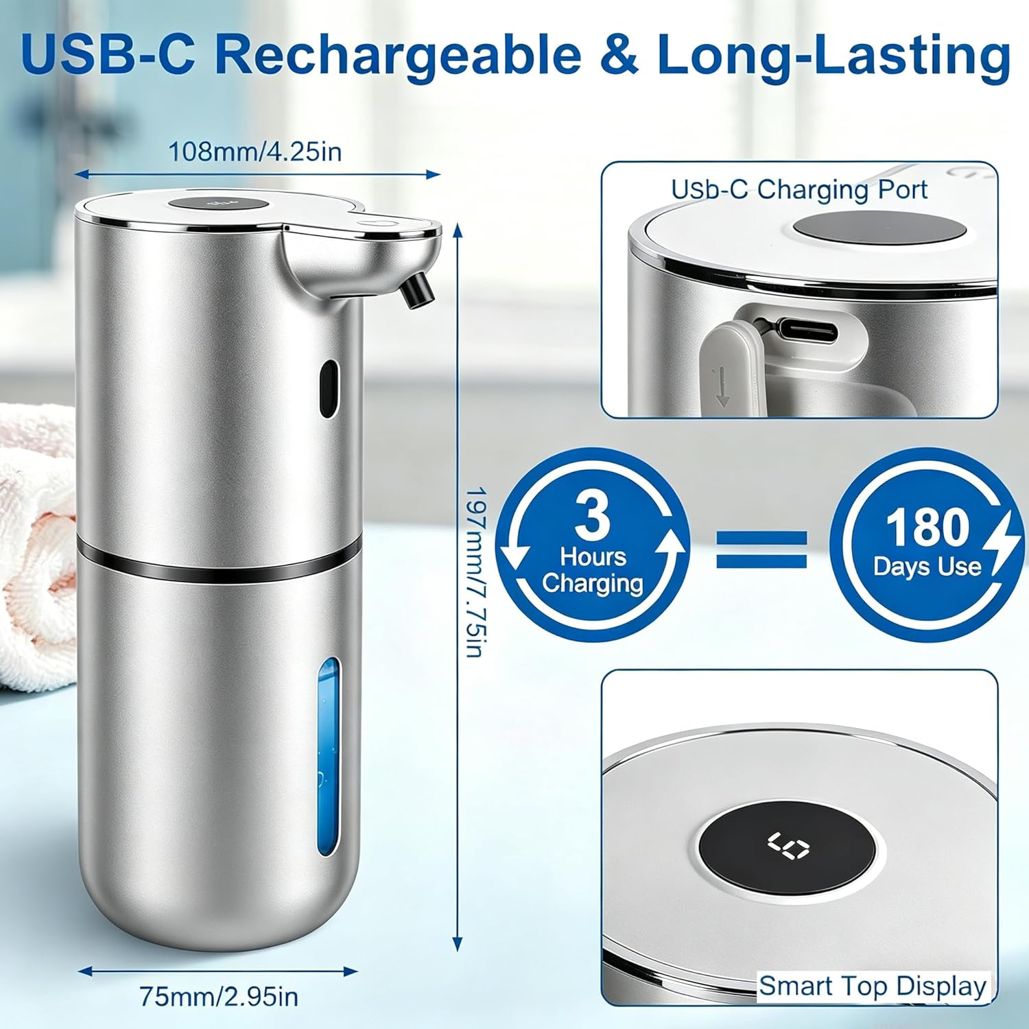 Automatic Soap Dispenser, Hand Soap Dispenser 12.8oz/380ml Smart Rechargeable, Liquid Soap Dispensers with 6-Level Touchless, Wall Mounted or Countertop Dish Soap Dispensing for Bathroom & Kitchen