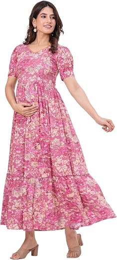 SHYAM KURTI COLLECTION Women's Rayon Maternity Maxi Dress Floral Printed Empire Waist Gown with Half Sleeves Ideal for Pre...