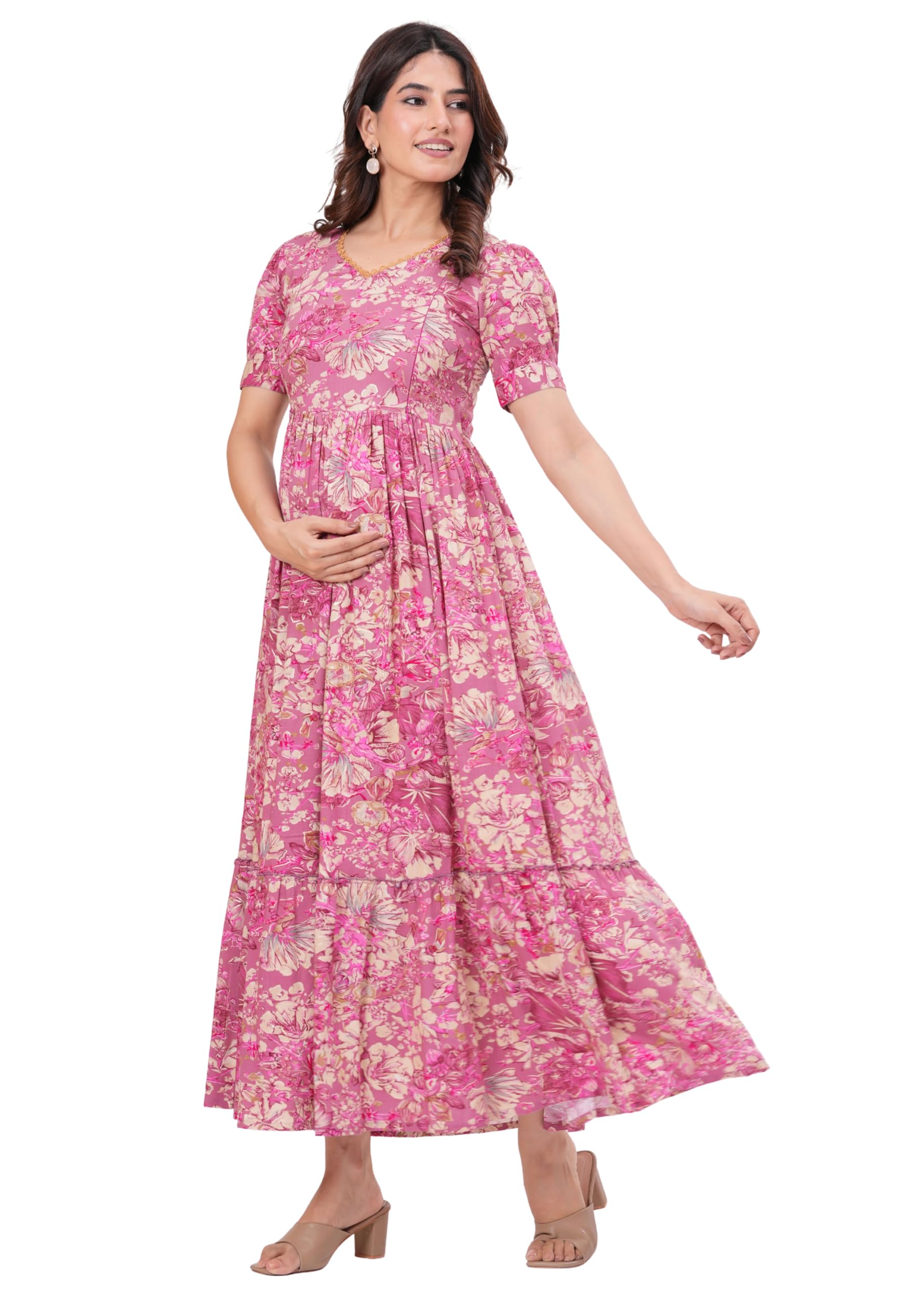 Women's Rayon Maternity Maxi Dress Floral Printed Empire Waist Gown with Half Sleeves Ideal for Pregnancy Nursing