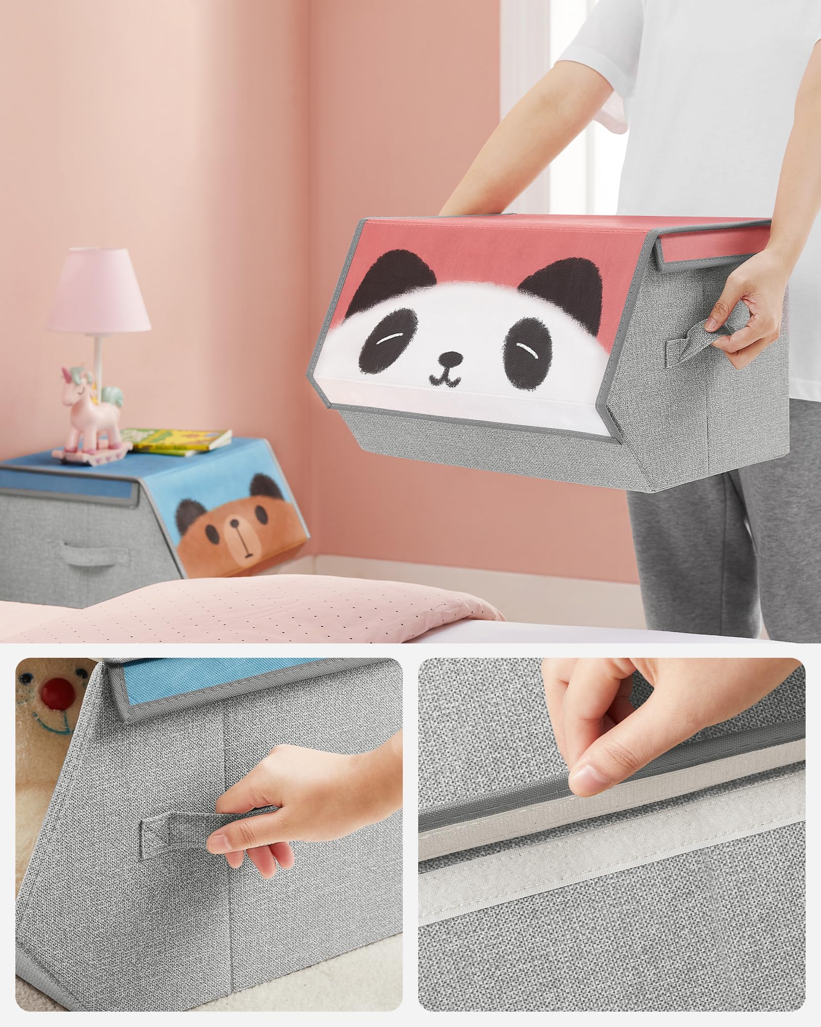 SONGMICS Boîtes de Rangement pour Enfant, Lot de 3, Organisateurs, empilables, Pliables, poignées, Couvercle magnétique, pour Chambre d'enfant, Salle