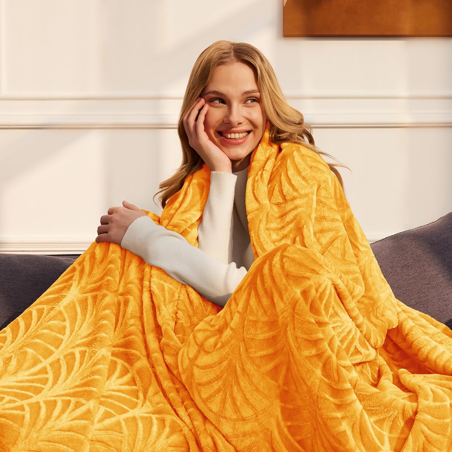 Whale Flotilla Flannel Fleece Queen Size Blanket for Bed, Soft Fluffy Velvet Bedspread Coverlet with Decorative Vintage Pattern for All Season, Warm and Lightweight, 90x90 Inch, Lemon Yellow - Image 3