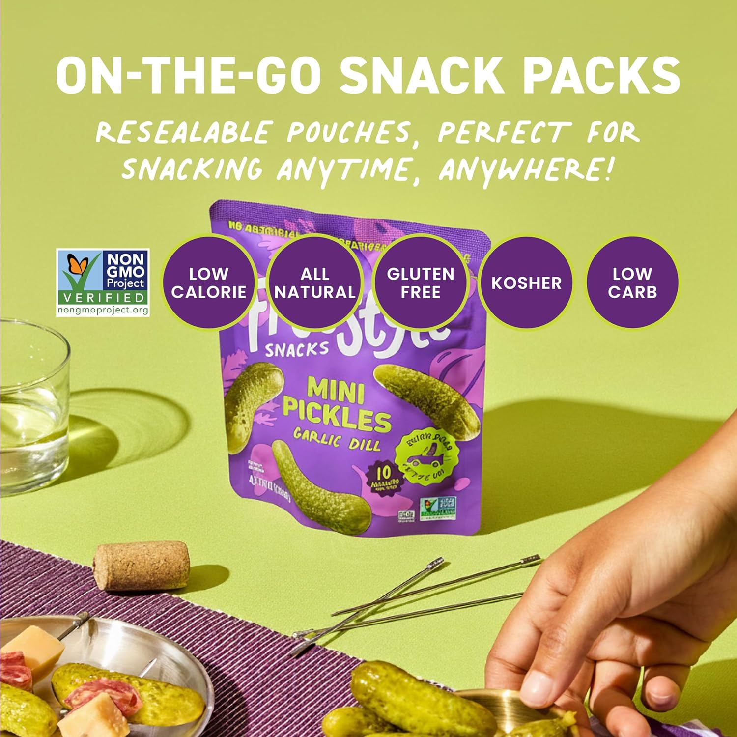 Freestyle Snacks Mini Pickle Snack Packs - Garlic Dill - All Natural, Fresh-Packed Deli-Style Pickles - Non-GMO, Kosher, Gluten-Free, Low Calorie Snacks - 4.5 Ounce (6 Pack)