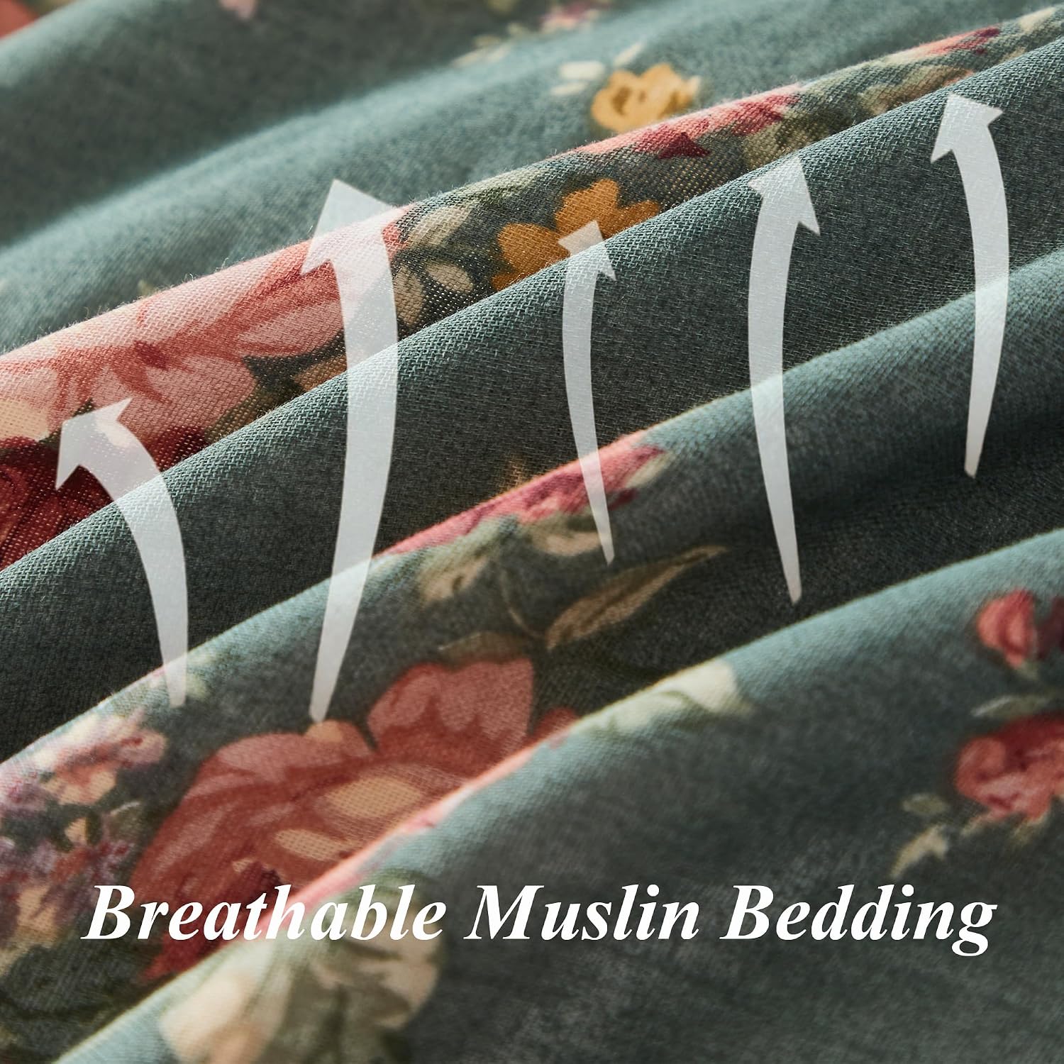 FADFAY Forest Green Floral Bed Set Queen Size, 100% Muslin Cotton Double Gauze Bedding, 7 Piece Reversible Shabby Chic Vintage Rose Garden, Ultra Soft Breathable Cooling Duvet Cover Set & Sheets Set