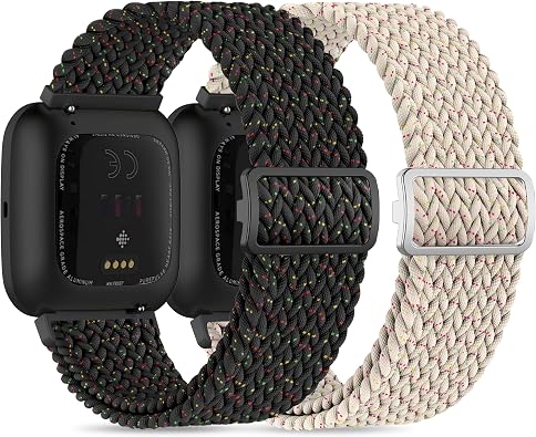 Sunnyson 2 Pack Braided Elastic Nylon Wristbands Compatible with Versa 2/Versa/Versa Lite/Versa SE, Adjustable Comfortable Skin-friendly Replacement Band Woven Nylon Replacement Straps for Women Men