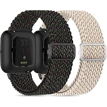 Sunnyson 2 Pack Braided Elastic Nylon Wristbands Compatible with Versa 2/Versa/Versa Lite/Versa SE, Adjustable Comfortable Skin-friendly Replacement Band Woven Nylon Replacement Straps for Women Men
