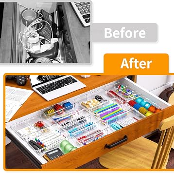 16 Pcs Extendable Clear Drawer Organizer, All Adjustable Vanity Storage Box, 2-Size Desk Drawer Organizer, Durable Storage Bins for Makeup, Cosmetic, Bedroom Dressers Tool Organizer for Gadgets