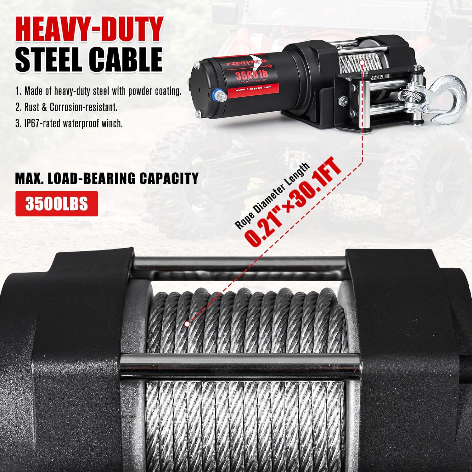 FieryRed ATV/UTV Winch- 12 V 3500LBS Electric Winch with Steel Cable, Wire and Wireless Remote Control, Roller Fairlead, IP67 Waterproof