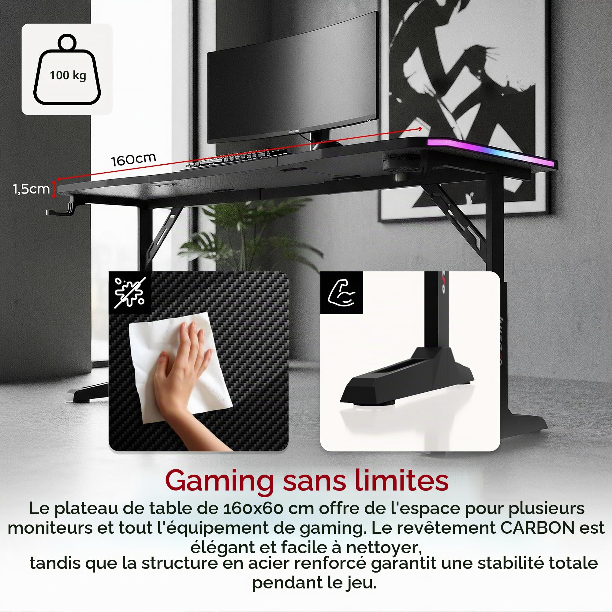 huzaro Hero 4.6 RVB Bureau Gaming réglable en Hauteur, Gestion des câbles