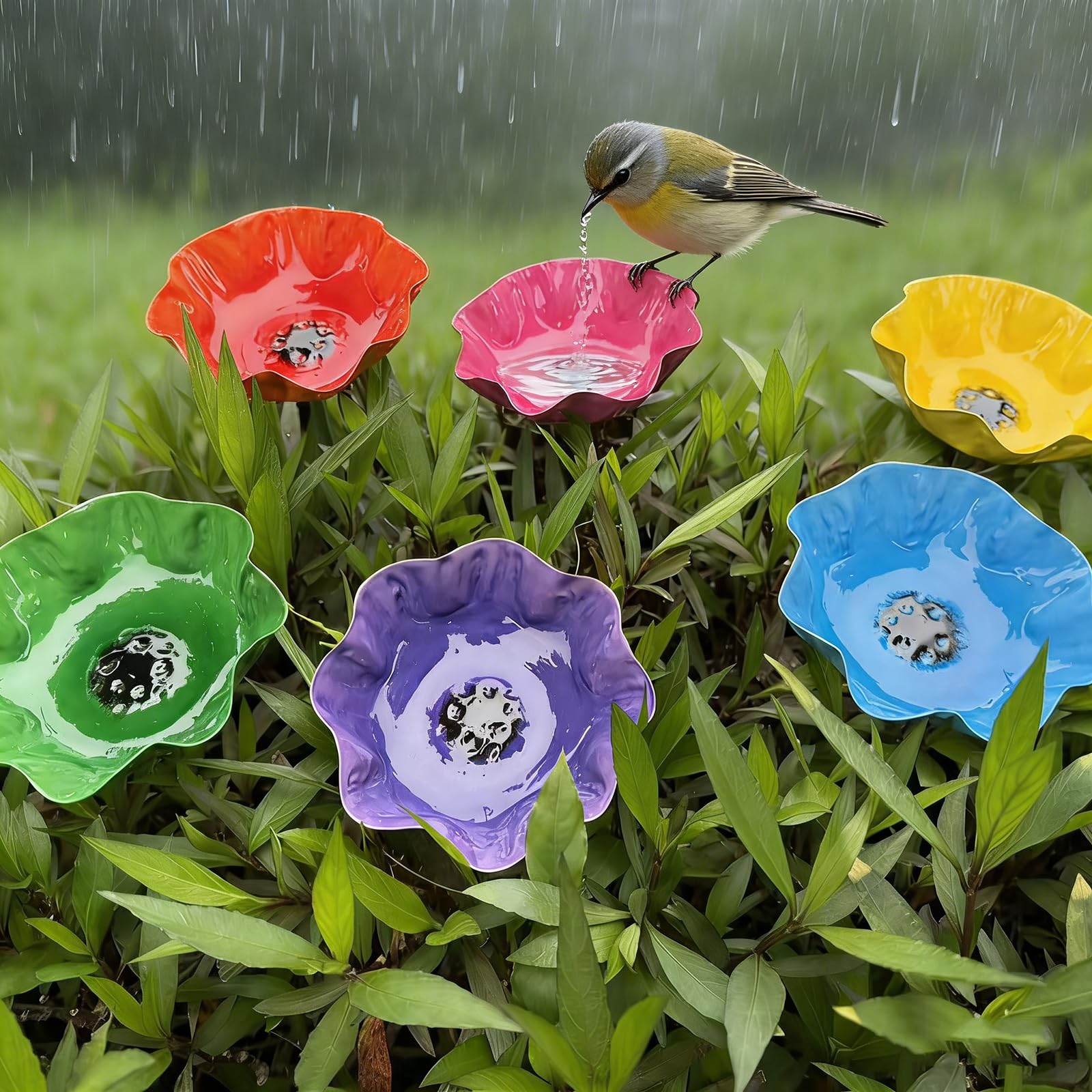 6 PCS Vogeltränke Blume, Gartenstecker Vogeltränke Stehend, Metall Vogelbad Garten, Handgefertigt Insektentränke & Bienentränke Mit Stab Für Den Garten & Balkon-Für Wildvögel