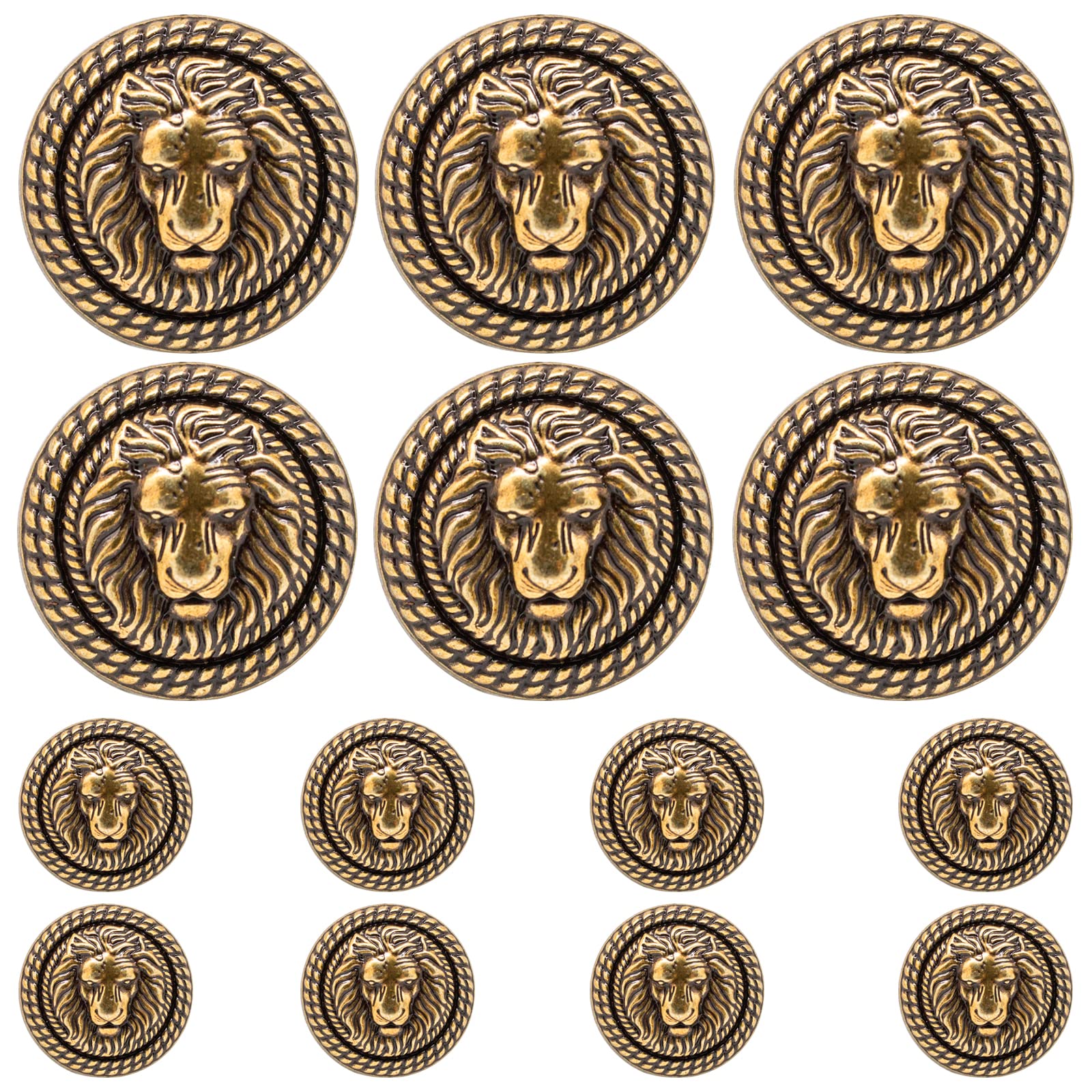 F&G14pcs Old Gold Buttons Vintage Antique Metal Enamel Blazer Buttons Set - 3D Lion Head - for Blazer, Suits, Sport Coat, Uniform, Jacket 17mm and 25mm
