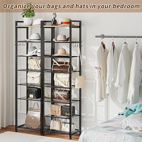 Miniatura 6 de Simple Trending Zapatero de 8 niveles, 16 pares de estantes altos de madera para zapatos con ganchos para armario, organizador de entrada, armario