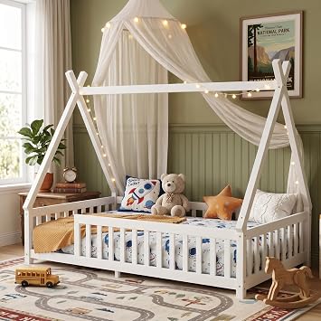 Mirightone Floor Bed for Kids, Twin Size Teepee Tent Beds, Montessori Floor Bed with Slats and Fence Rails, Wood House Bed Frame for Boys Girls, White
