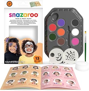 Halloween Face Painting Palette Kit for Kids & Adults, 8 Colours, 13pcs, Stencils, Brush, Sponge, Guide, Water Based, Easily Washable, Non-Toxic, Makeup, Body Painting & Parties
