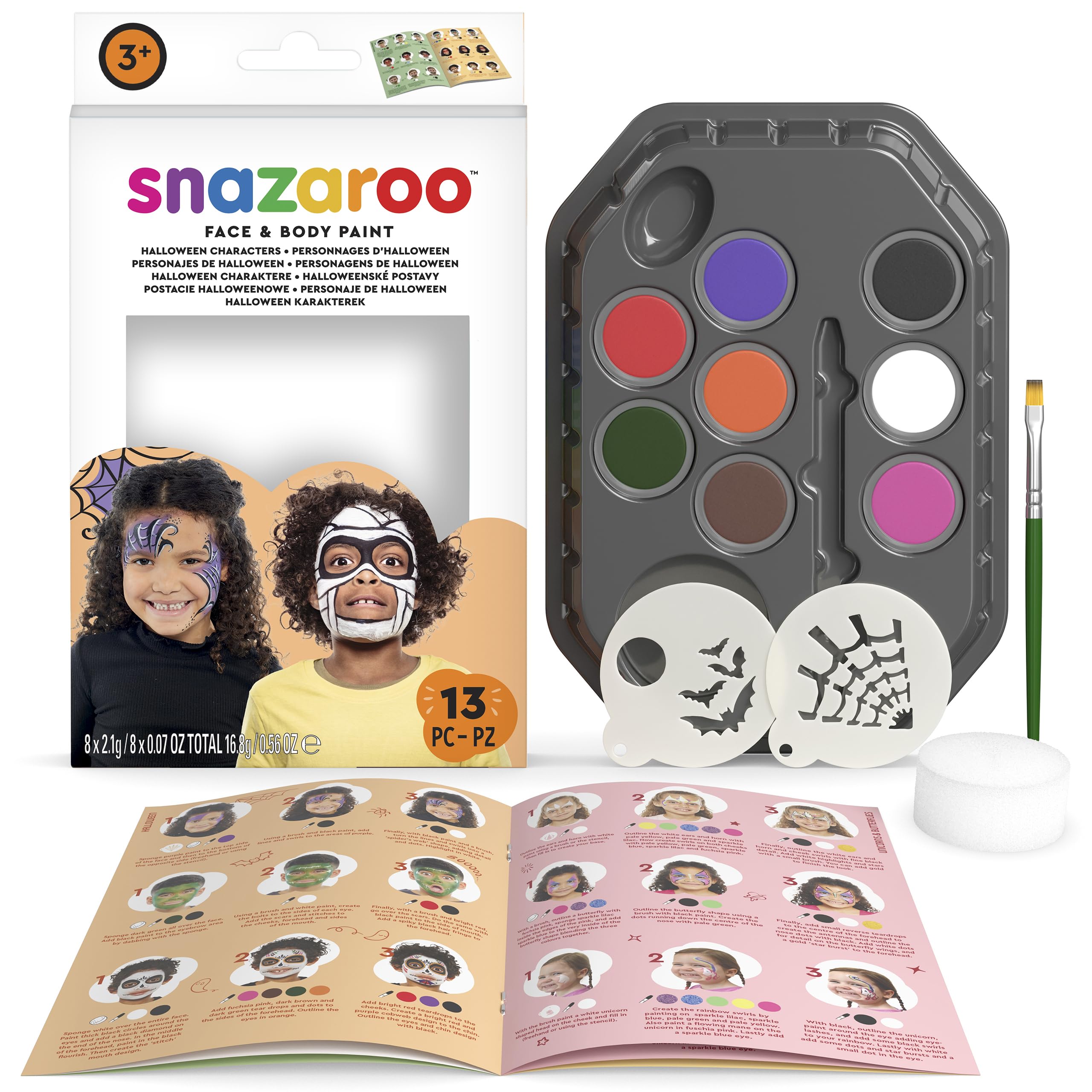 Halloween Face Painting Palette Kit for Kids & Adults, 8 Colours, 13pcs, Stencils, Brush, Sponge, Guide, Water Based, Easily Washable, Non-Toxic, Makeup, Body Painting & Parties