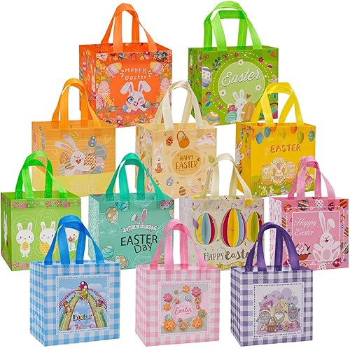 Fayayuan 12 bolsas de regalo de Pascua grandes reutilizables con forma de huevo de conejo bolsas de mano no tejidas para envolver regalos juego de