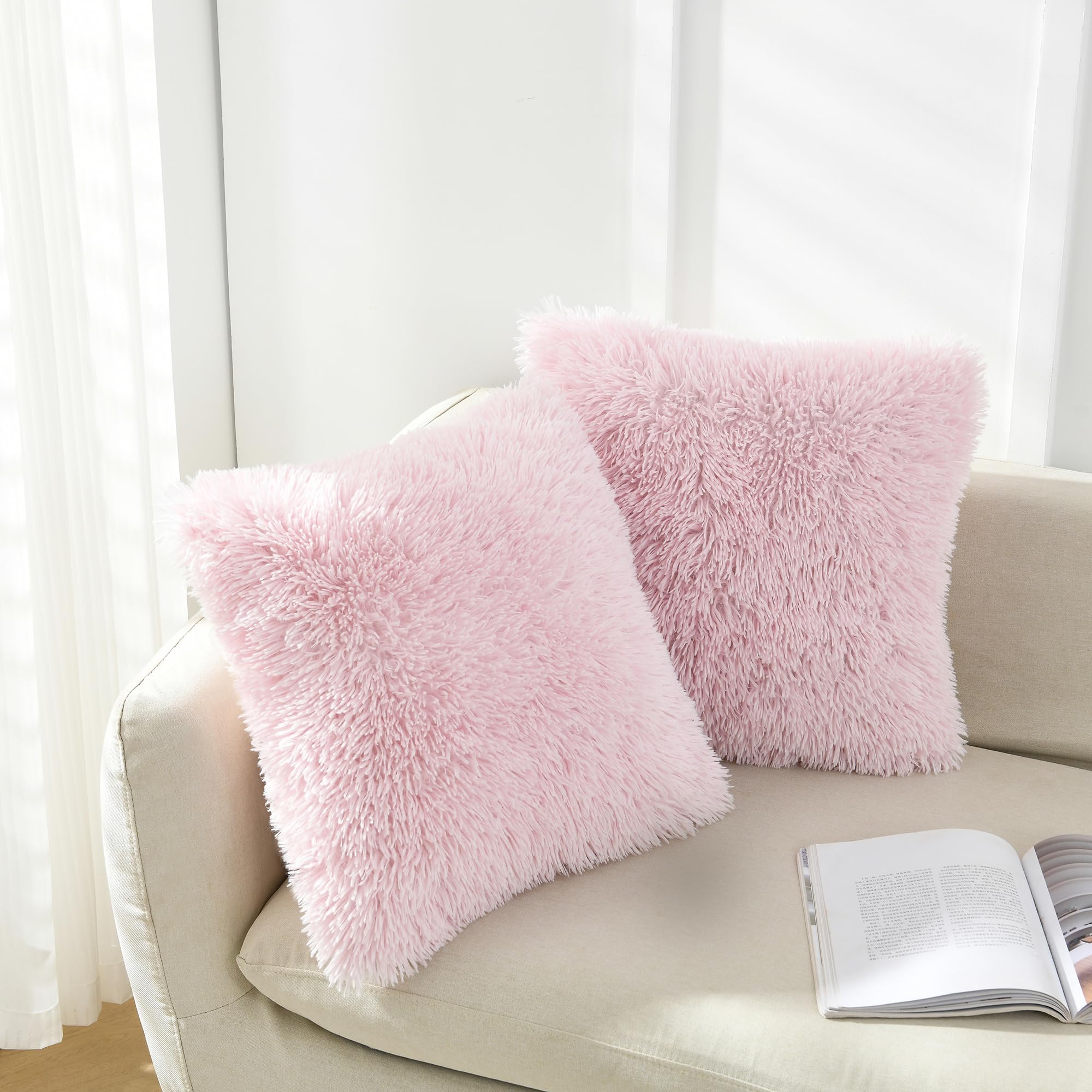 NordECO HOME Luxury Soft Faux Fur Fleece Cushion Cover Pillowcase Decorative Throw Pillows Covers,No Pillow Insert,16" x 16" Inch,Light Pink,2 Pack