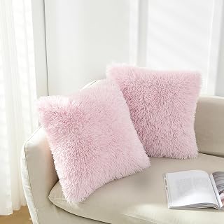 Faux Fur Pink Throw Pillow Covers for Couch Decorative Pillows 18x18 Inch | Set of 2 Luxury Soft Spring Cushion Cover Fleece Pillowcase Home Decor Pillows Cases School Living Room Bed