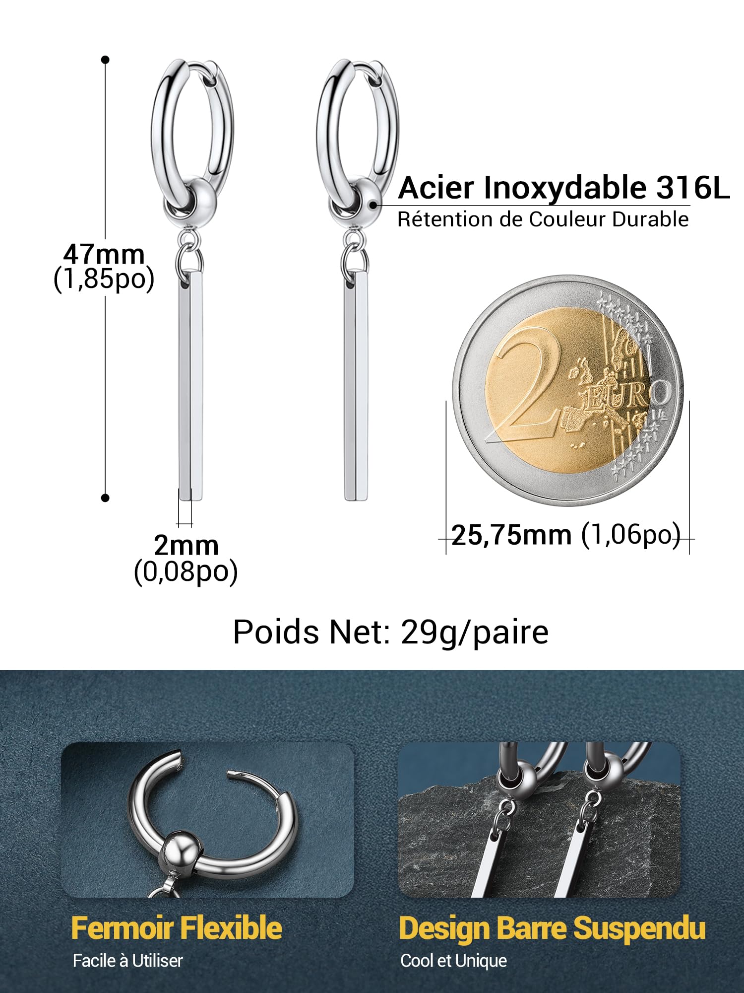 PROSTEEL Boucles d'Oreilles Homme, Créoles 12mm avec Pendantes Barres en Acier Inoxydable/Plaqué Or/Noir, Hip Hop Drop Earring, Style de Rue