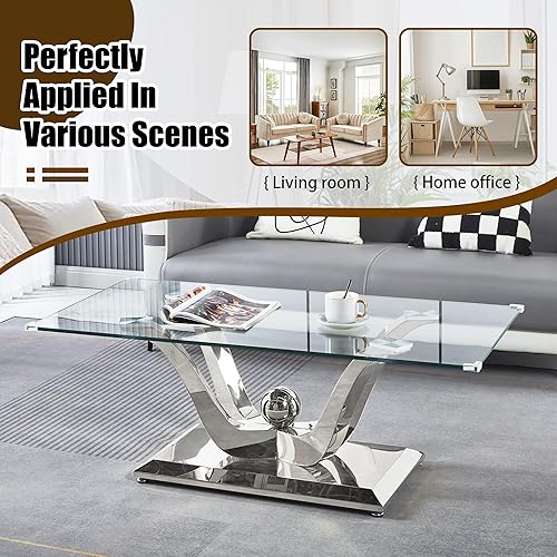 Miniatura 7 de Mesa de centro de cristal plateado con base de acero inoxidable con acabado espejo, mesa auxiliar rectangular de lujo con tapa de vidrio templado,