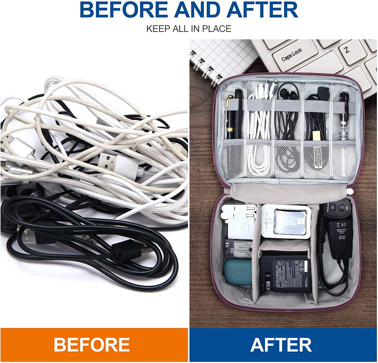 Torba elektroniczna organizer przenośna torba na kabel do tabletu, zewnętrzny dysk twardy, ładowarka, kable, adaptery, karty pamięci, przewody USB, fioletowy, Łatwe do noszenia