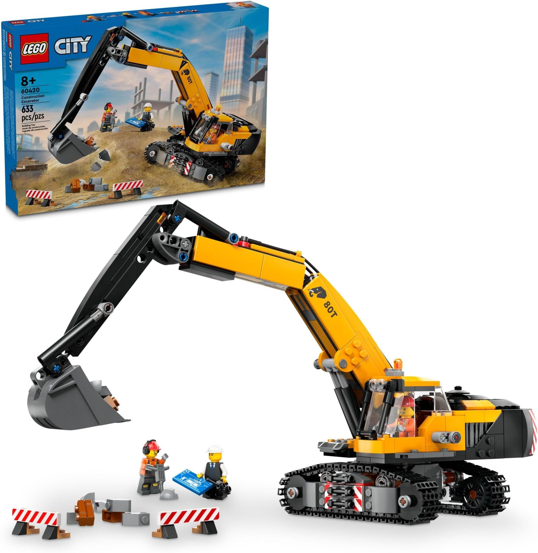 City Yellow Construction Excavator Toy Digger for Boys and Girls Ages 8 and Up, 3 Construction Worker Minifigures Included for Fun Pretend Play, Birthday for Kids, 60420