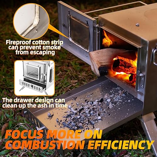 Miniatura 2 de 304 - Estufa de leña de acero inoxidable 304, estufa de leña portátil con 6 tubos de chimenea de acero inoxidable para calefacción y cocina al aire