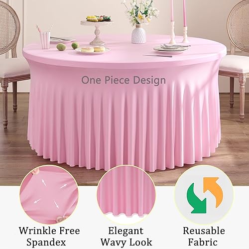 Miniatura 3 de Paquete de 6 manteles redondos de elastano rosa para mesa de 60 pulgadas, manteles elásticos ajustables de 120 pulgadas de 5 pies, manteles redondos