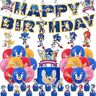 – Sonic Birthday Party Decorations Supplies: Banner, Ba-lloons, Hanging Swirls, Cake & Cupcake Toppers, Cake Decorations, Ribbon