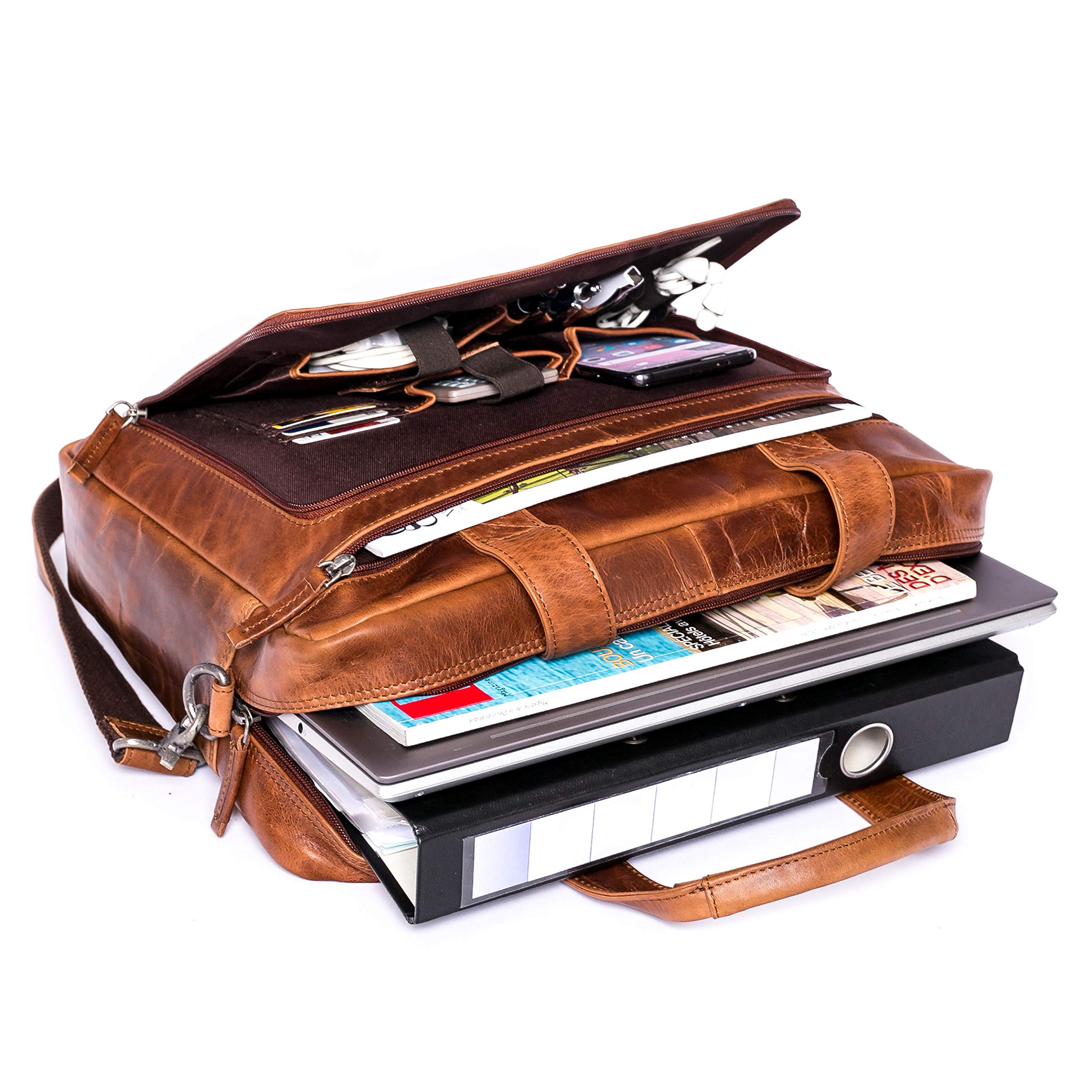 ALMADIH Leder Businesstasche Laptoptasche 15 Zoll Aktentasche Bruno tolle Aufteilung Leder Business Tasche Herren Damen Umhängetasche Unitasche Arbeitstasche Schultertasche Dokumententasche braun