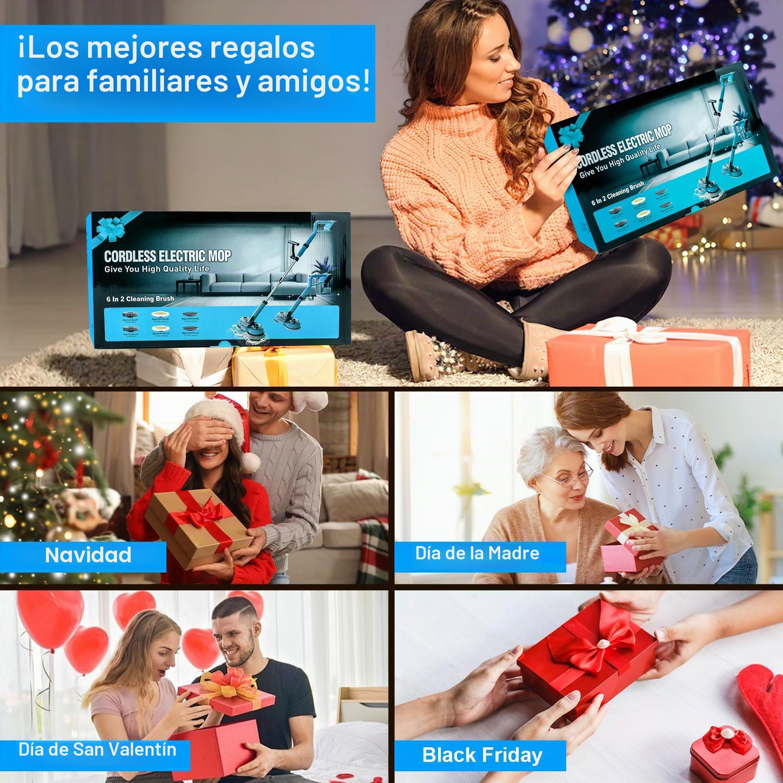 Mopa eléctrica inalámbrica con 2 Baterías de 2000 mAh, Fregona giratoria eléctrica for limpieza de pisos, con luz LED y depósito de agua de 300 ml y aspersor, fregona para suelos de mármol madera dura