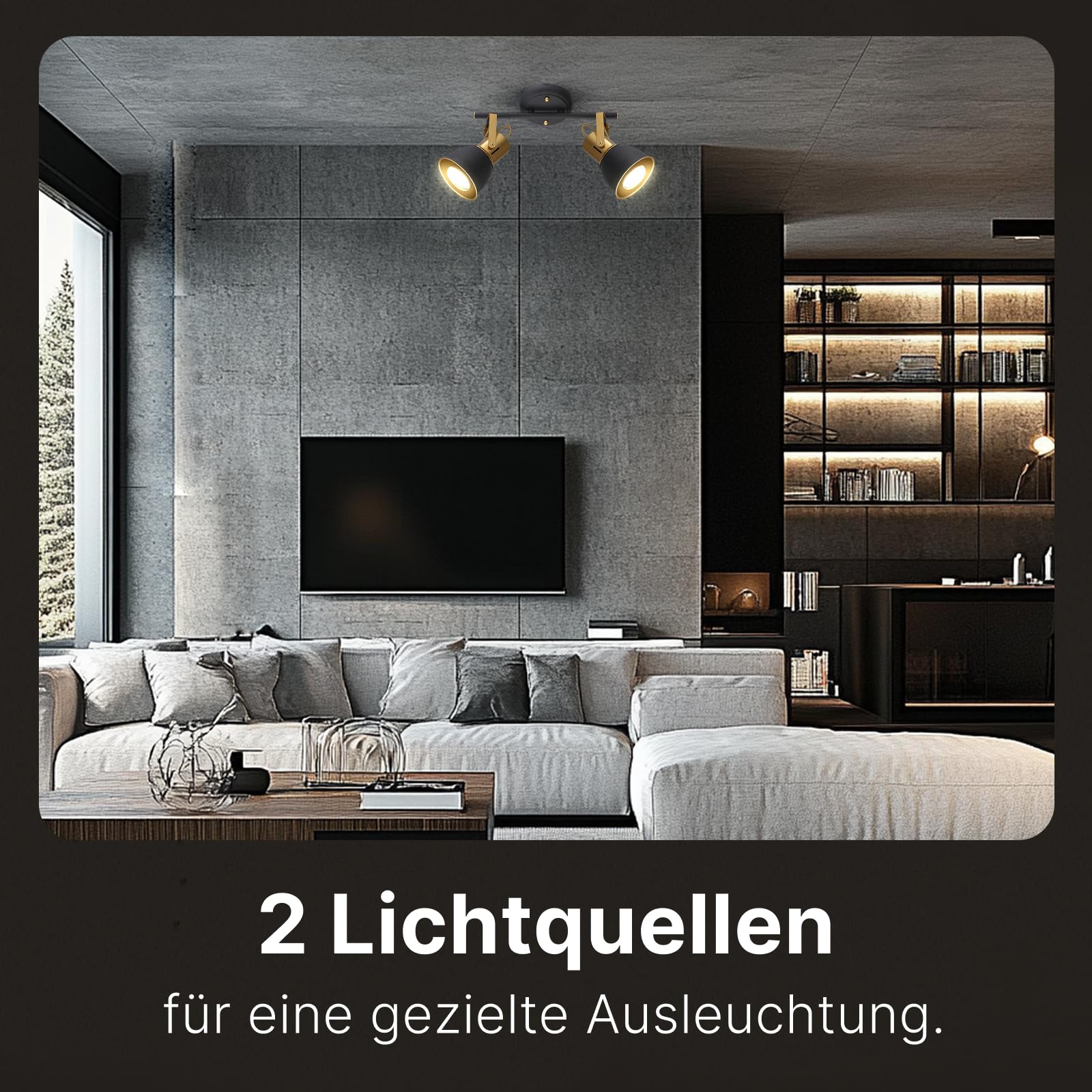 Lámpara de techo con 2 focos orientables, metal negro, con cable, focos LED de interior para cocina