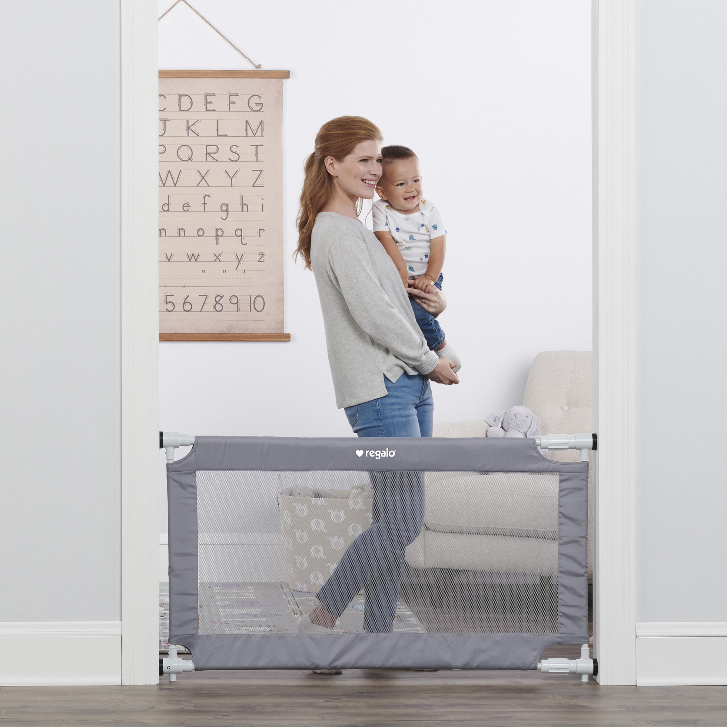 Photo 1 of Regalo Safety 27.5-50” Extra Wide Mesh Baby Gate for Doorways & Hallways, Expandable Pressure Mounted Baby Gate for Toddlers & Pets, Includes Rubber Bumpers, Gray
