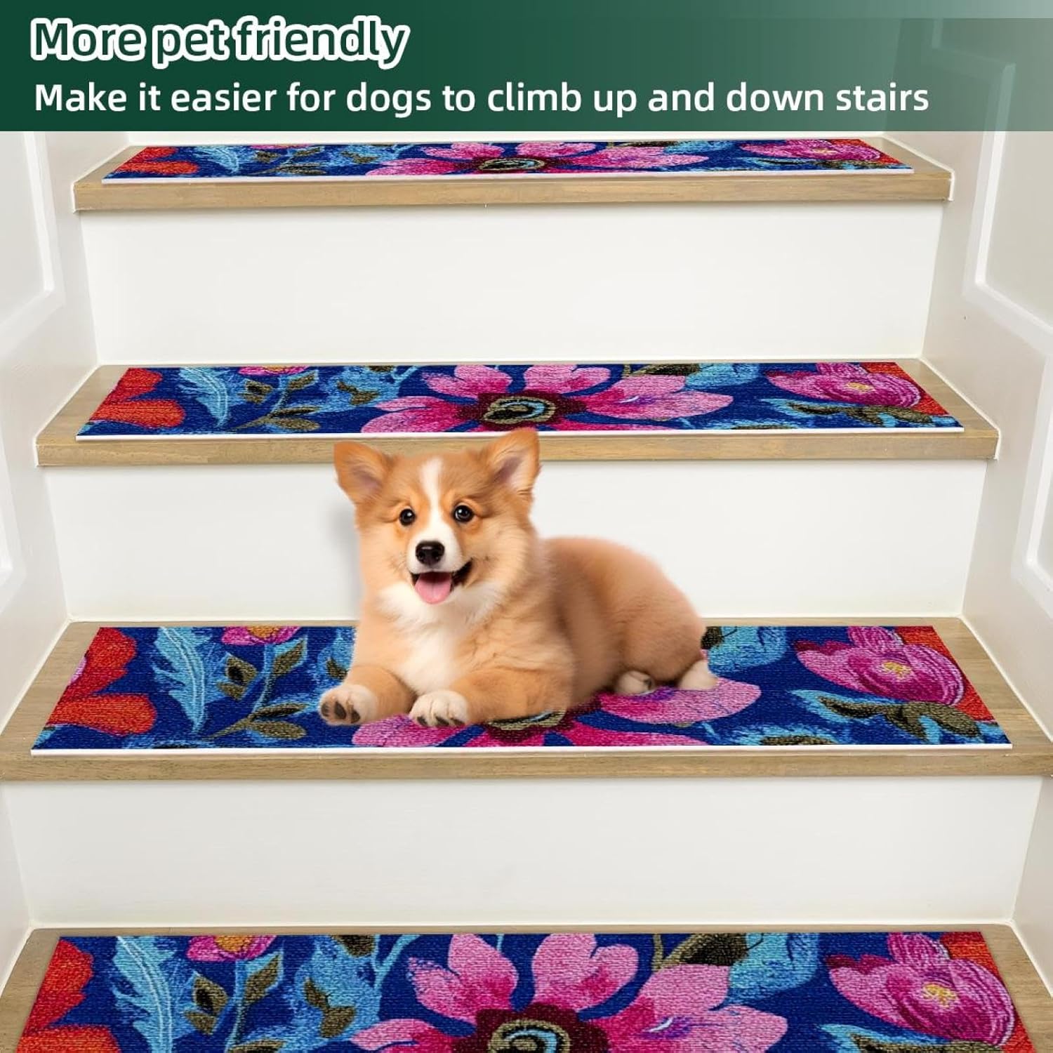 Patchwork Boho Paisley Floral (1) Stair Treads for Wooden Steps Indoor Runner Rug Carpet, 15 Pieces Peel and Stick Staircase Step Treads Covers Washable Throw Door Mats 30"x8"